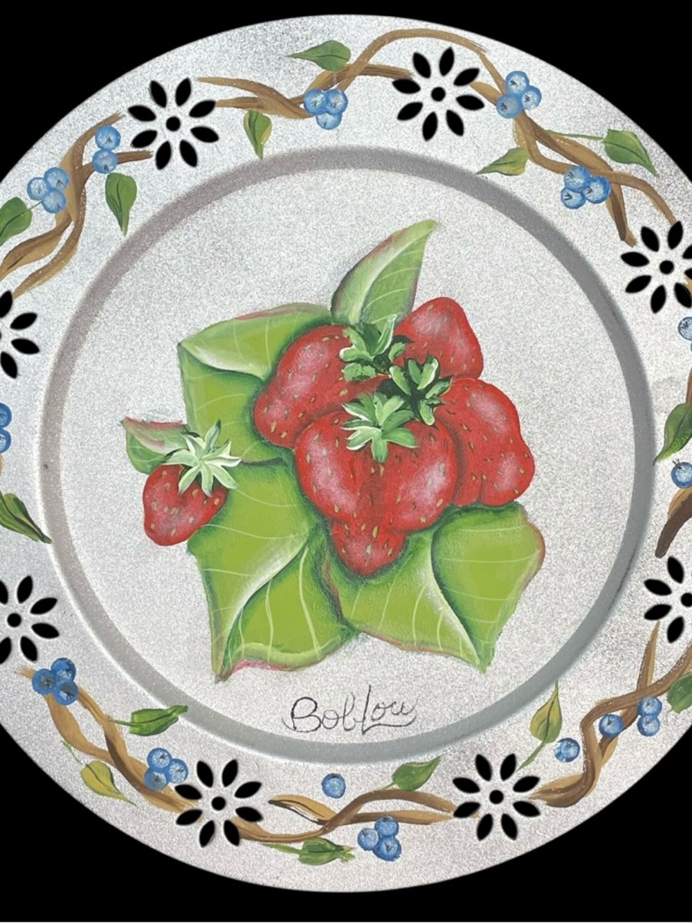 Vintage 2000s Signed Bol Lou Canadian Hand Painted Metal Plate - Strawberries